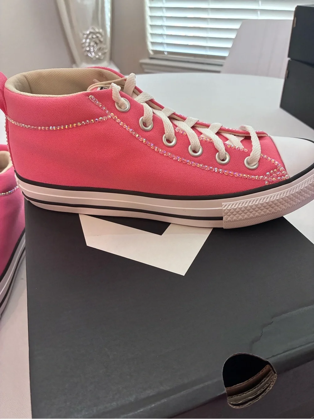 Converse Street Mid Watermelon Pink Kids 6 Custom Rhinestone Bling